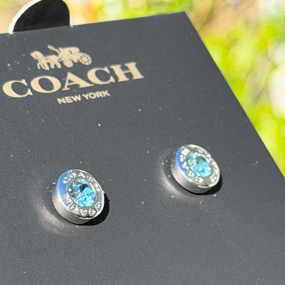 COACH Open Circle Stone Stud Earrings Silver and Aqua Crystal - Picture 9 of 14